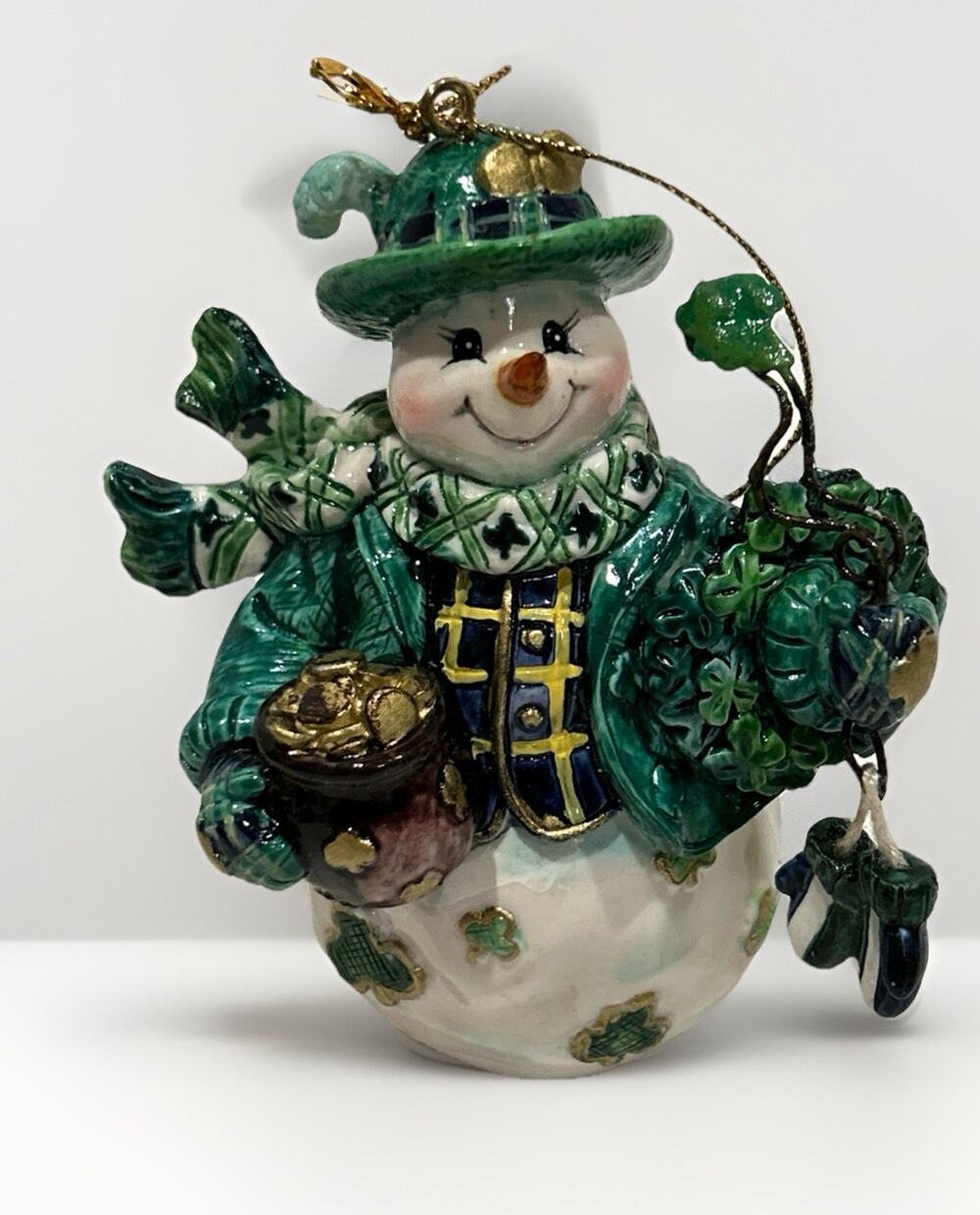 Lucky Leprechaun Snowman Ornament Pot of Gold Clovers Green Hat Glove Scarf